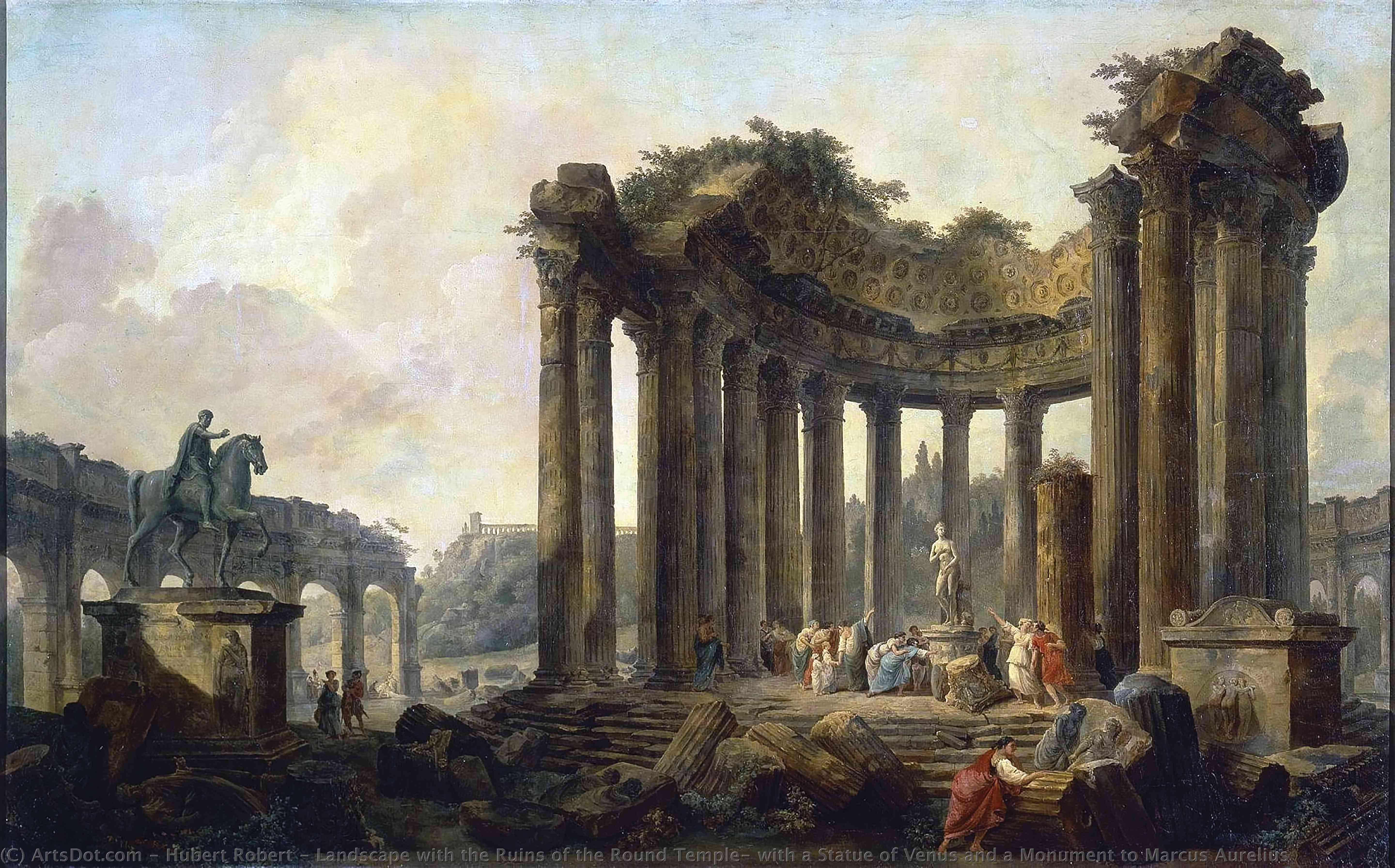 Landscape With The Ruins Of The Round Temple, With A Statue Of Venus And A Monument To Marcus Aurelius — Hubert Robert