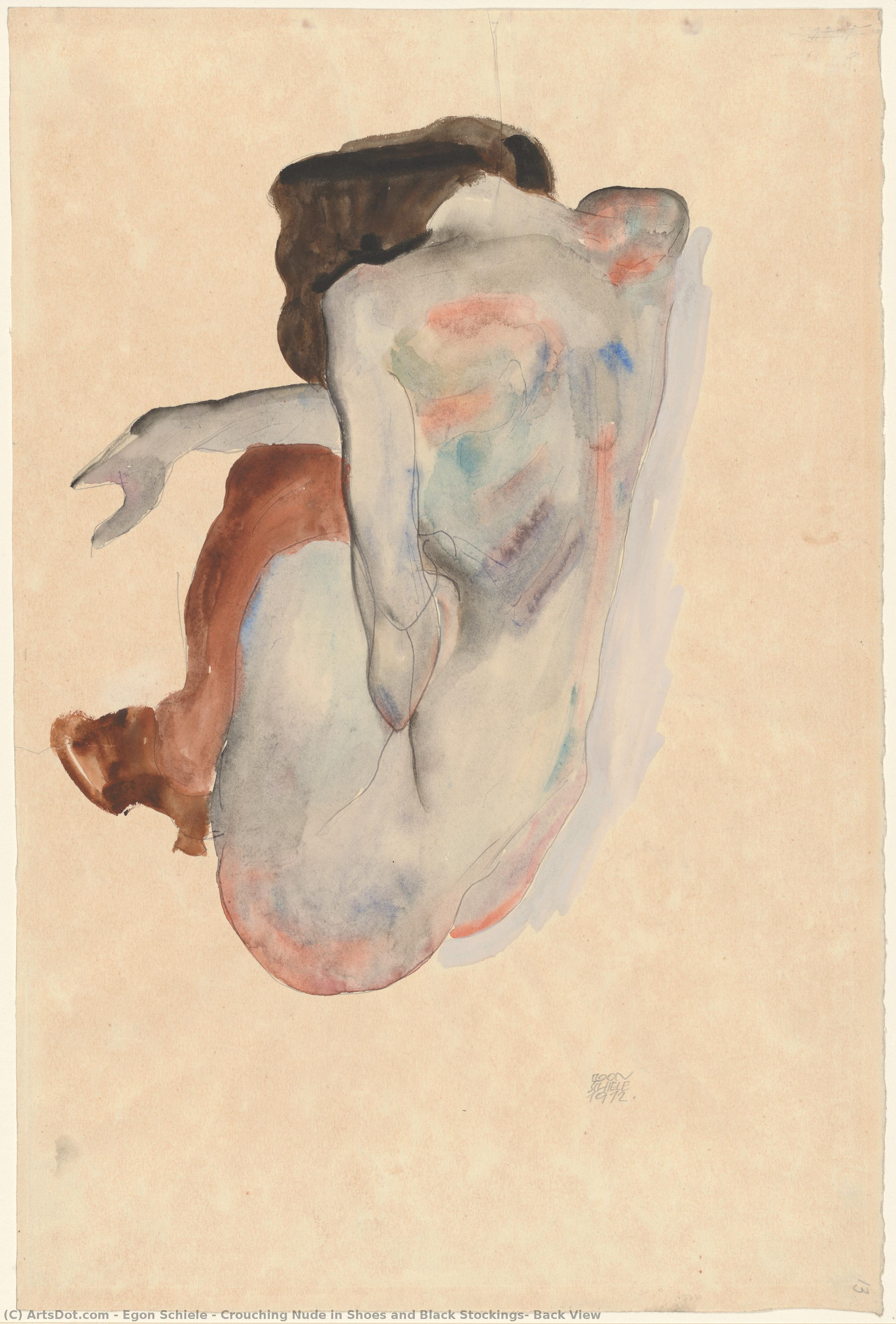 Crouching Nude In Shoes And Black Stockings, Back View — Egon Schiele