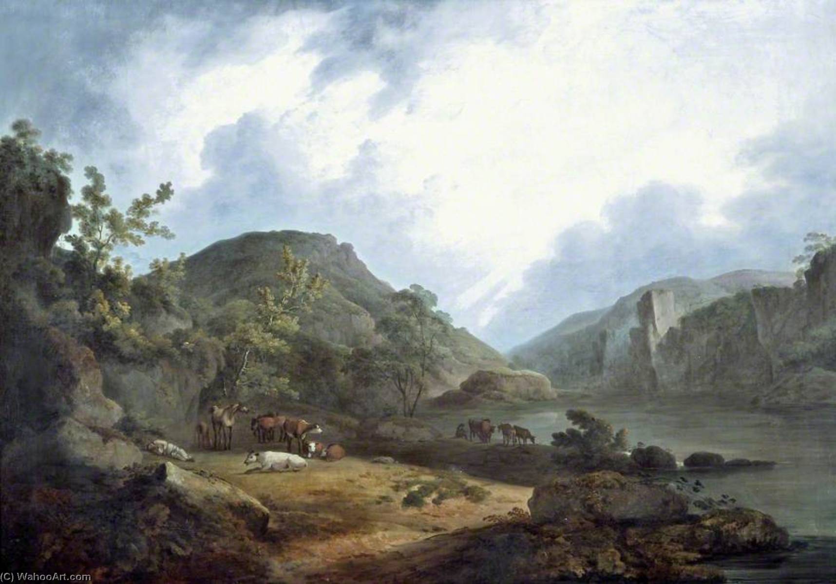 Mountain Landscape With Cattle And Resting Herdsman — John Rathbone