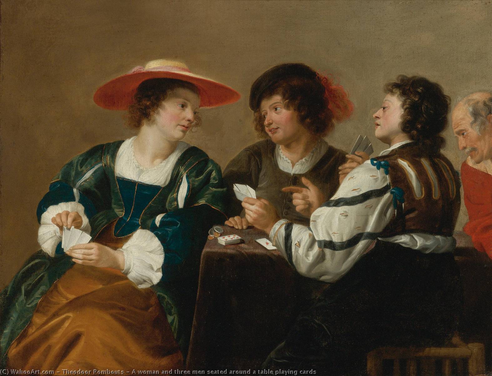 A Woman And Three Men Seated Around A Table Playing Cards — Theodoor Rombouts