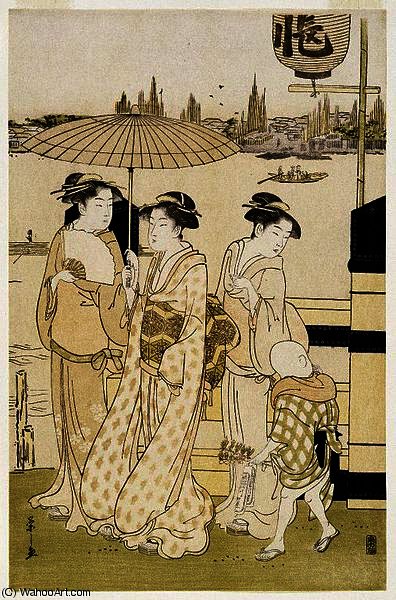 Three Women And A Boy Along The Sumida River — Chobunsai Eishi