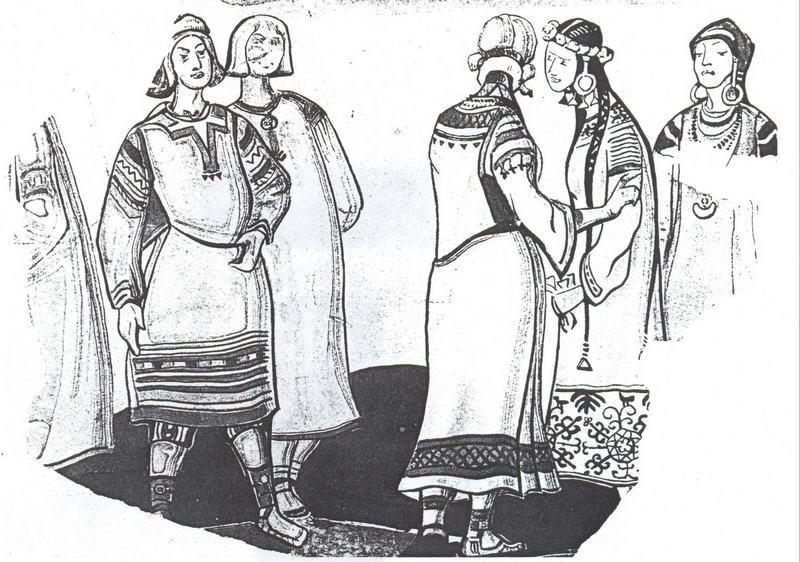 The Scene With Five Figures In Costumes — Nicholas Roerich