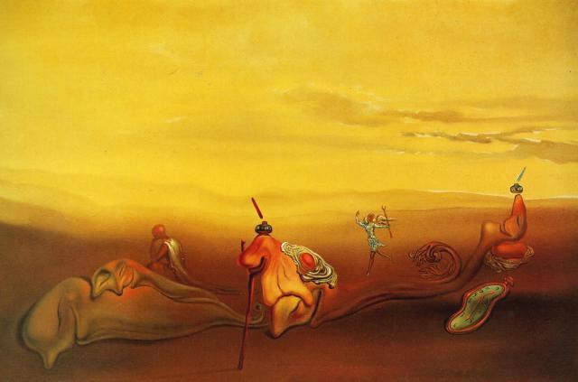 Soft Skulls With Fried Egg Without The Plate, Angels And Soft Watch In An Angelic Landscape, 1977 — Salvador Dalí
