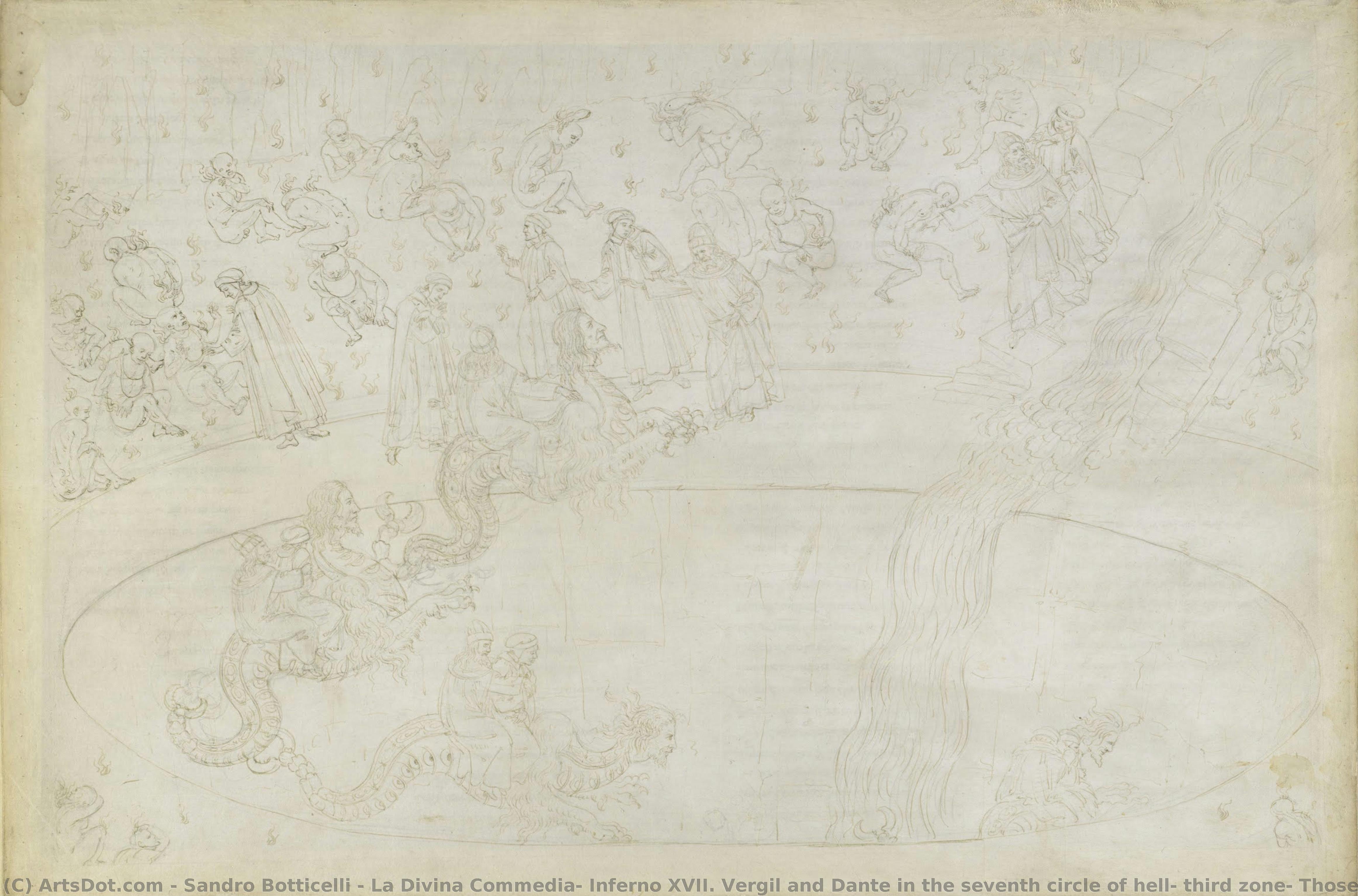 La Divina Commedia, Inferno Xvii. Vergil And Dante In The Seventh Circle Of Hell, Third Zone: Those Who Have Committed Violence Against The Divine Order In The Desert Of Flames, Punishment Of Usurers; Flying Into The Depths On Geryon — Sandro Botticelli