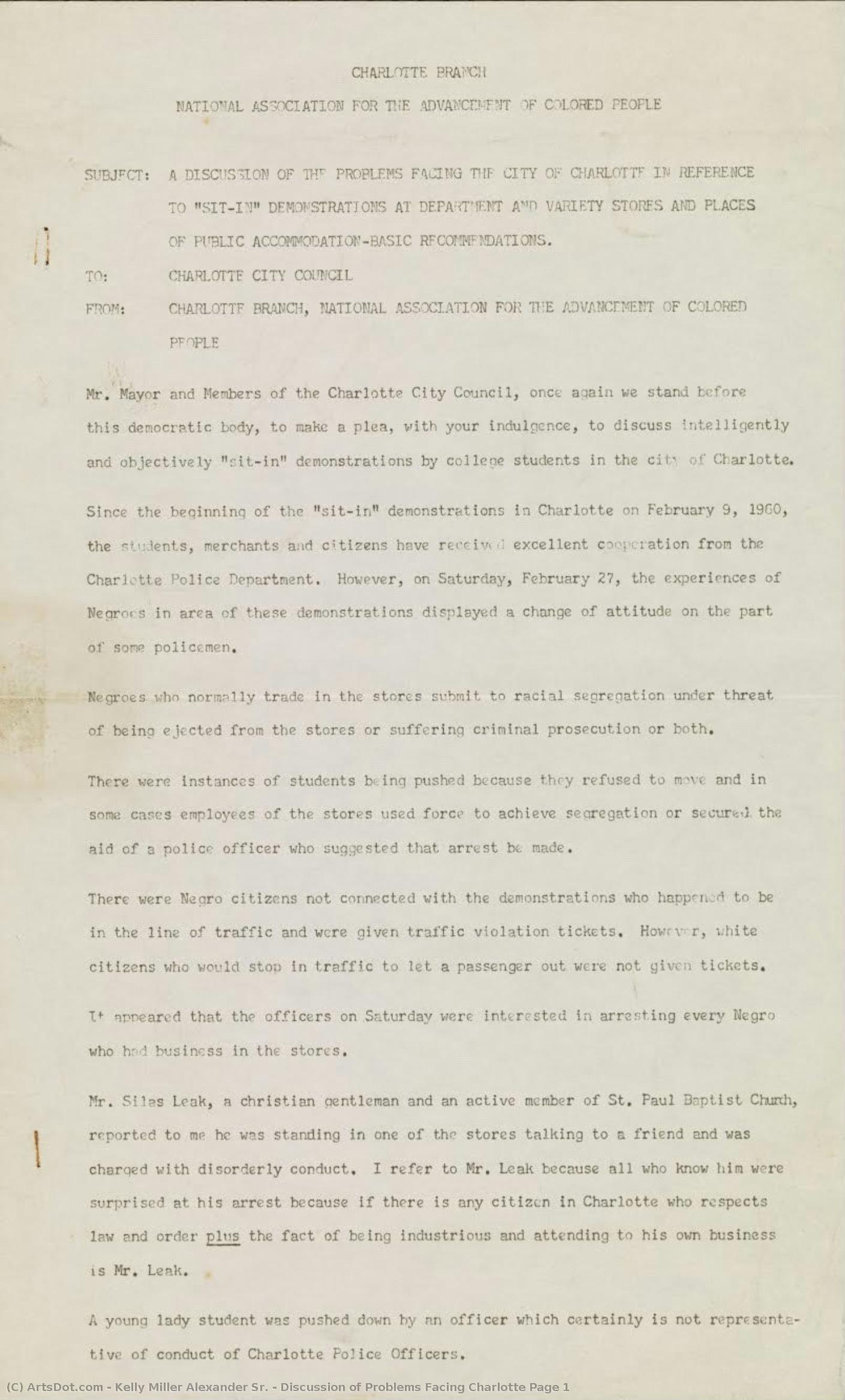 Discussion Of Problems Facing Charlotte Page 1 — Kelly Miller Alexander Sr.