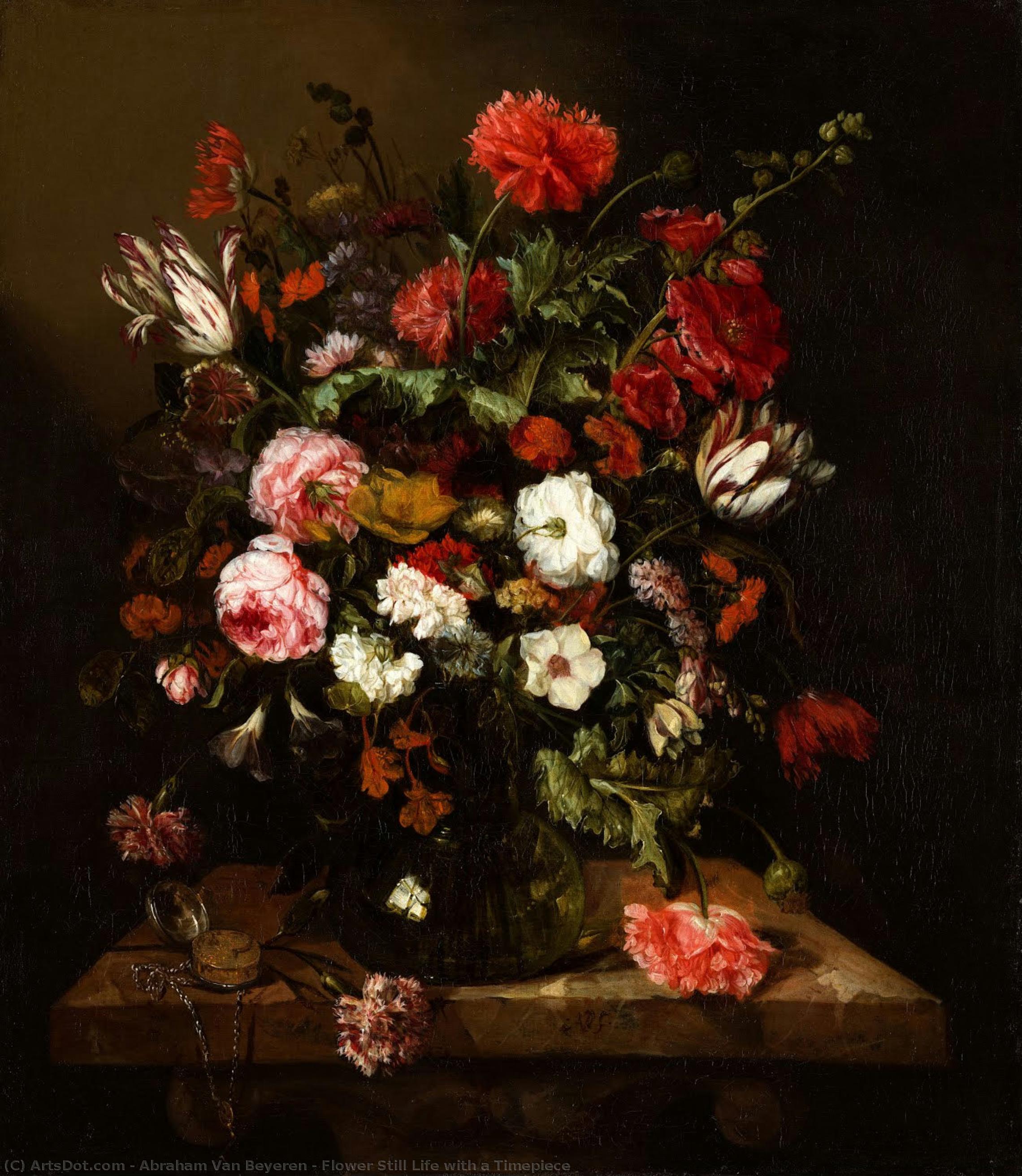 Flower Still Life With A Timepiece — Abraham Hendricksz. Van Beyeren