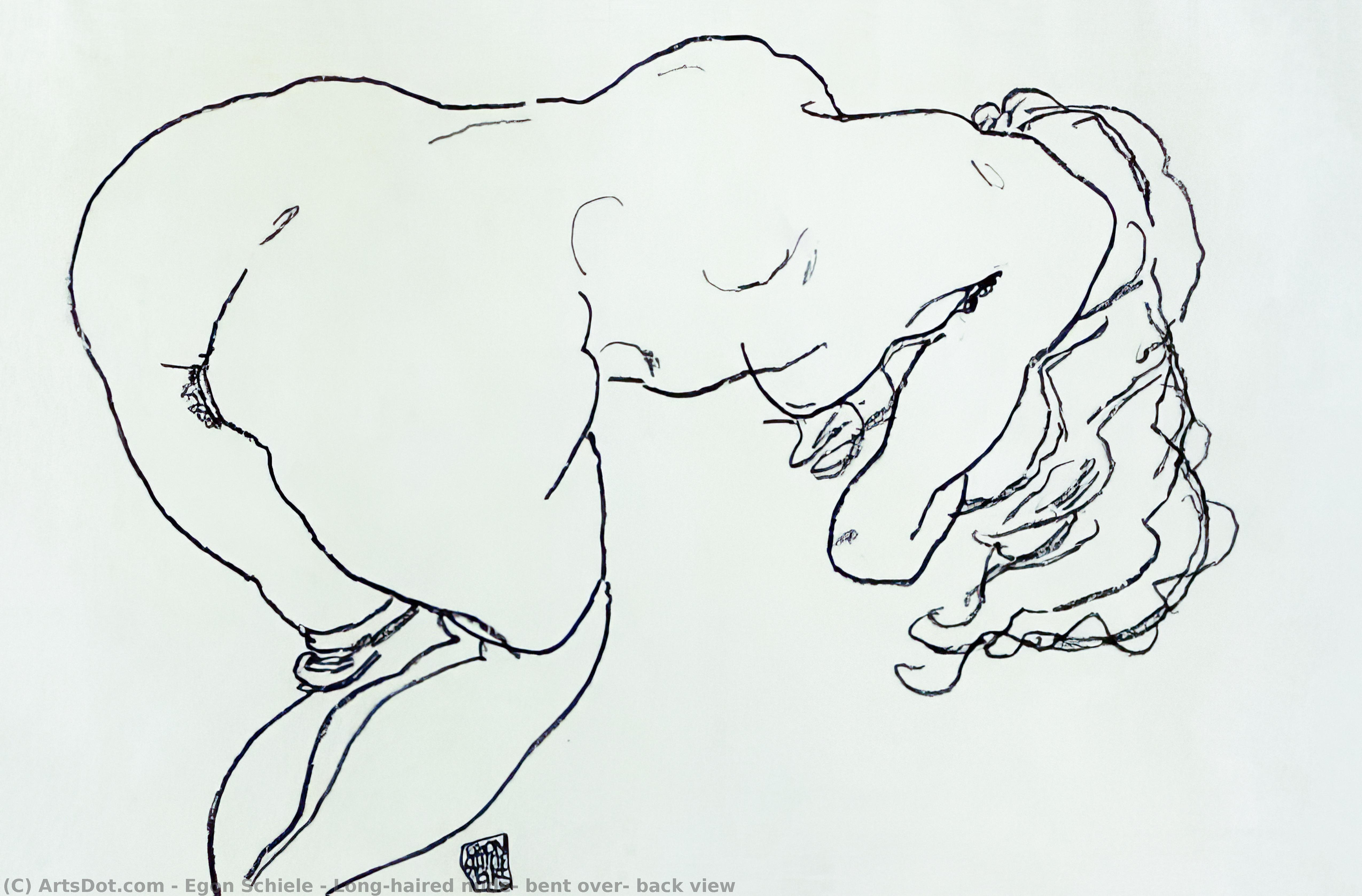 Long-haired Nude, Bent Over, Back View — Egon Schiele