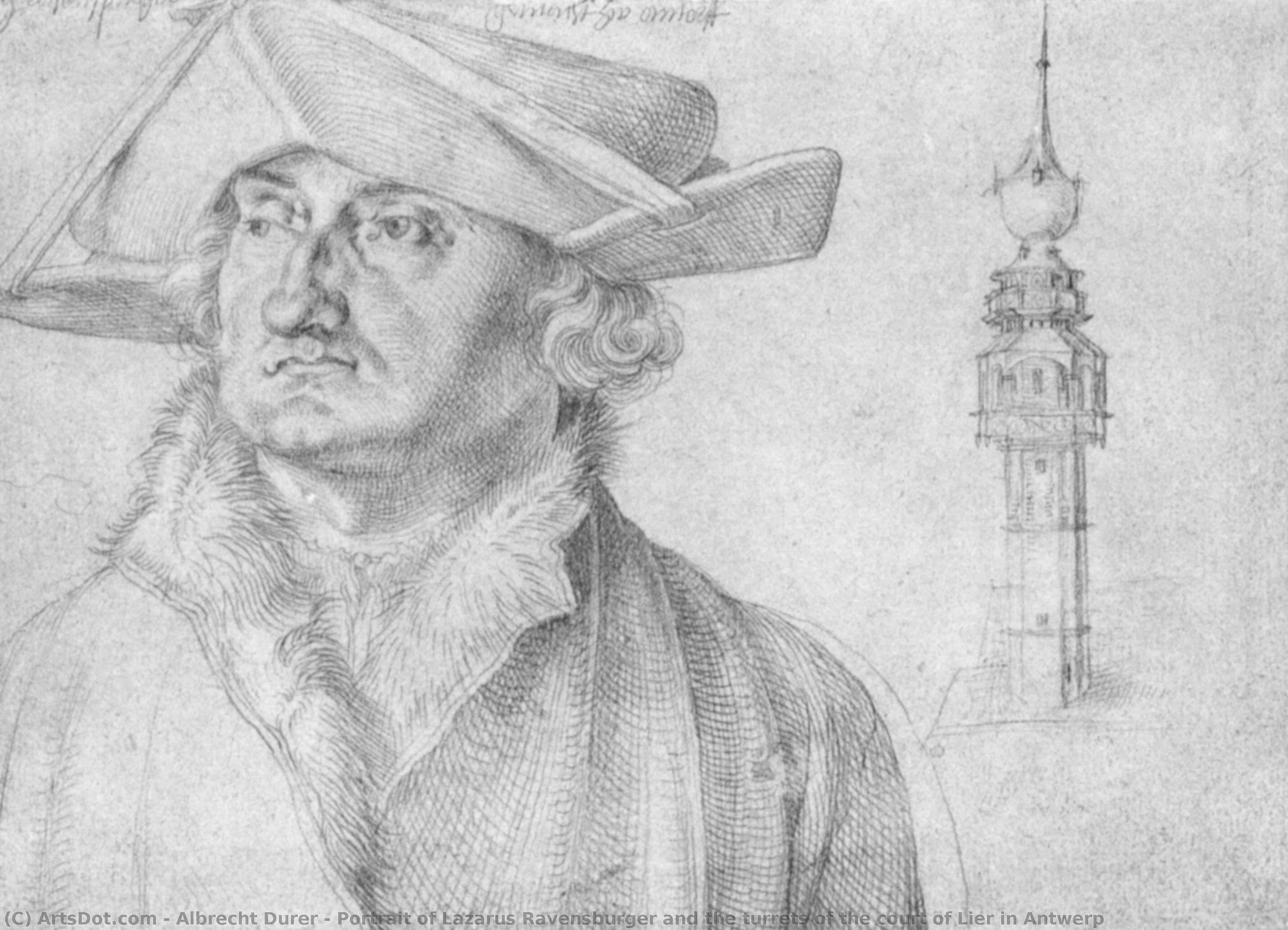 Portrait Of Lazarus Ravensburger And The Turrets Of The Court Of Lier In Antwerp — Albrecht Dürer