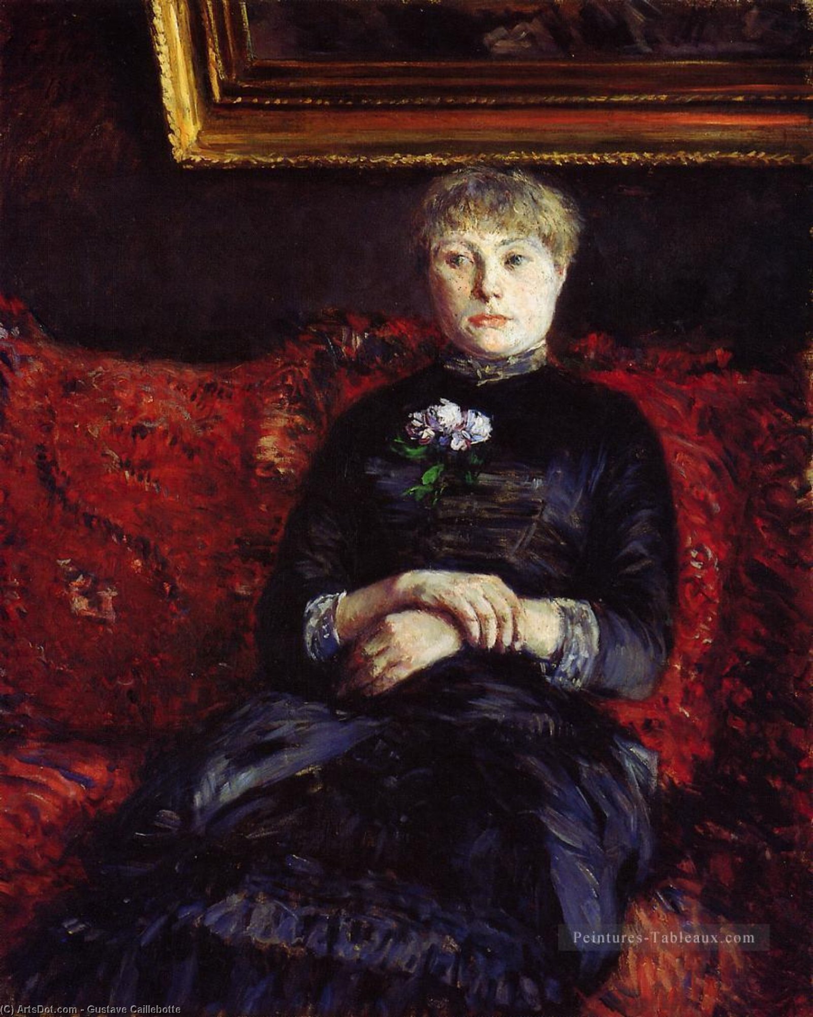 Woman Sitting On A Red Flowered Sofa — Gustave Caillebotte