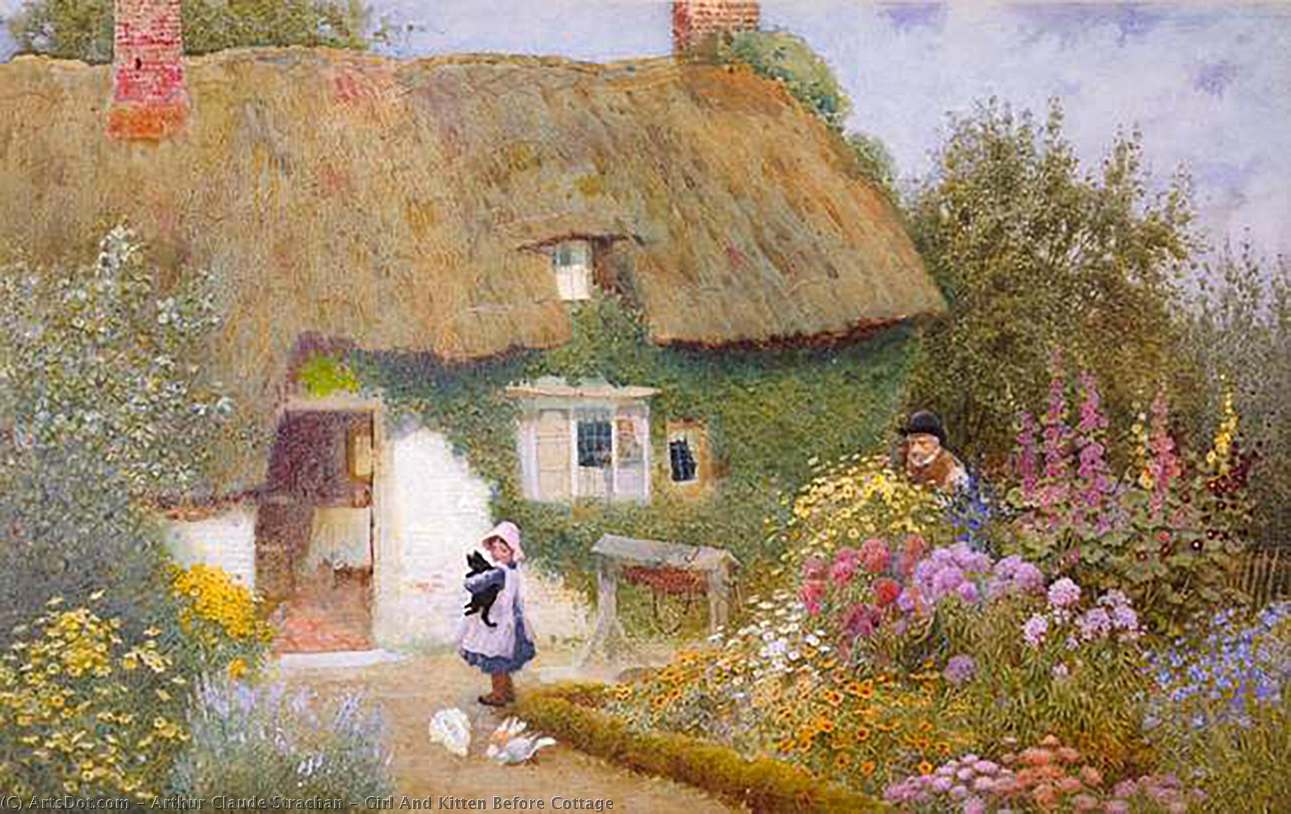 Girl And Kitten Before Cottage — Arthur Claude Strachan