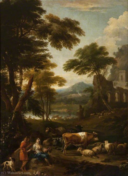 A Wooded Landscape With Figures — Jan Frans Van Bloemen