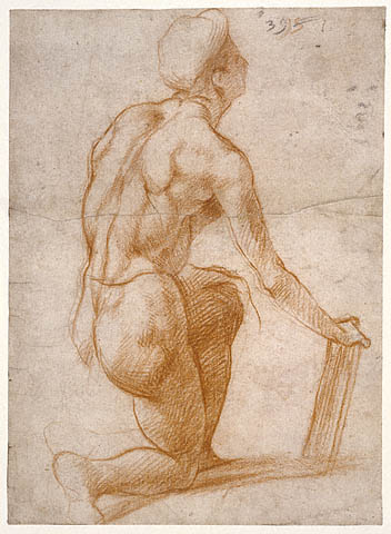 A Kneeling Figure With A Sketch Of A Face (study) — Andrea Del Sarto