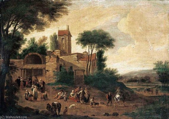 An Italianate Landscape With Figures Before A Church — Mathys Schoevaerdts