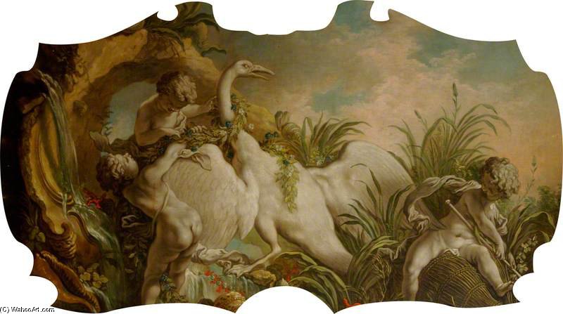 Overdoor With A Fountain And Three Putti Trapping A Swan — Jacques De Lajoue