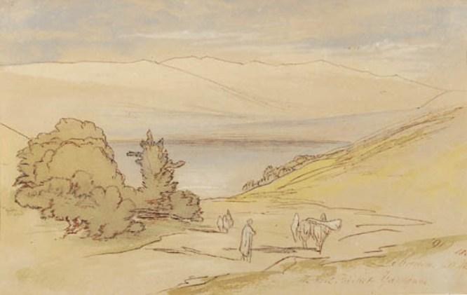 View Of Lebanon, With A Muleteer In The Foreground And An Extensive Lake View Beyond — Edward Lear