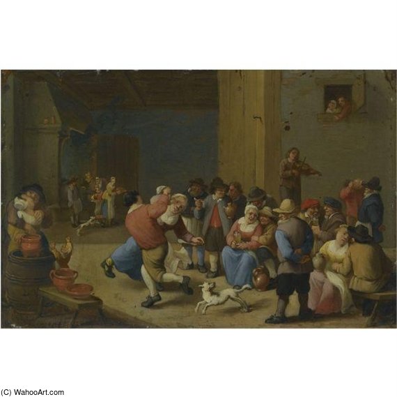 A Tavern Interior With Drinking And Dancing Peasants — Matheus Van Helmont