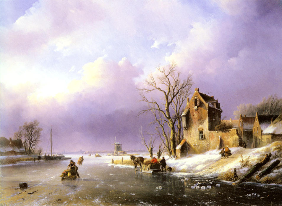 Winter Landscape With Figures On A Frozen River — Jan Jacob Coenraad Spohler