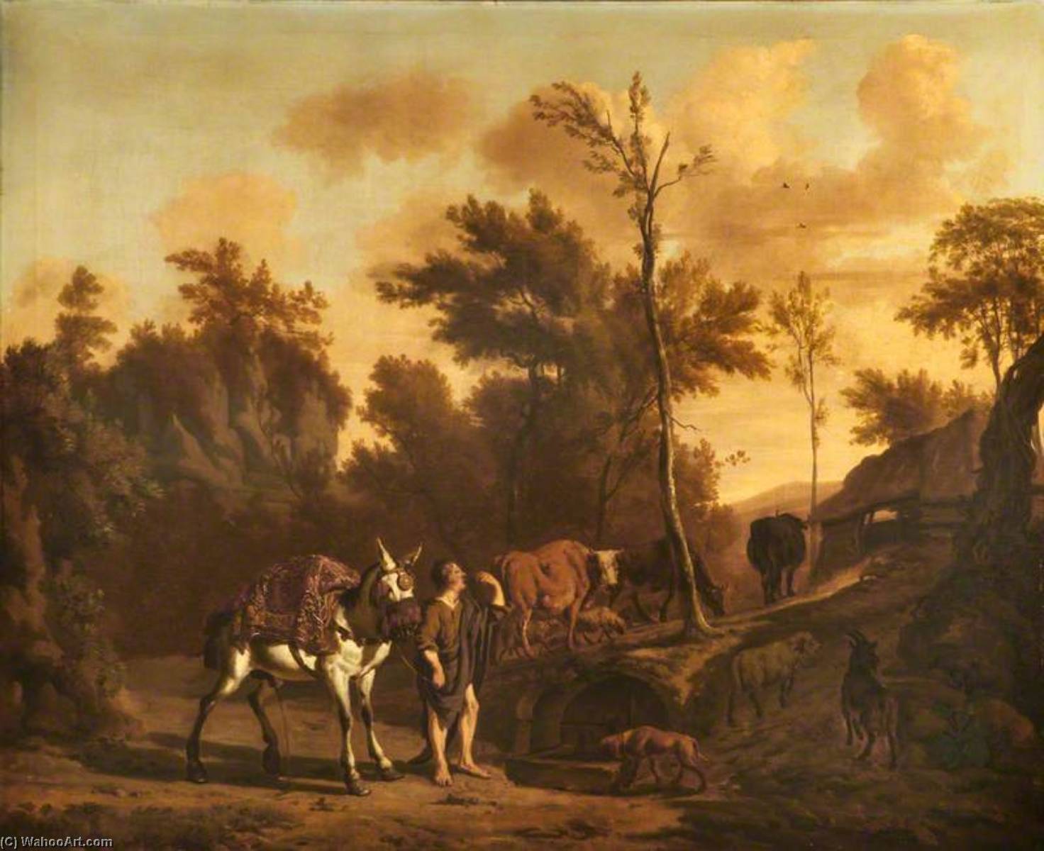 Landscape With A Herdsman Leading A Staling Mule, A Goat, Dog, Cattle And Sheep — Dirck Van Den Bergen