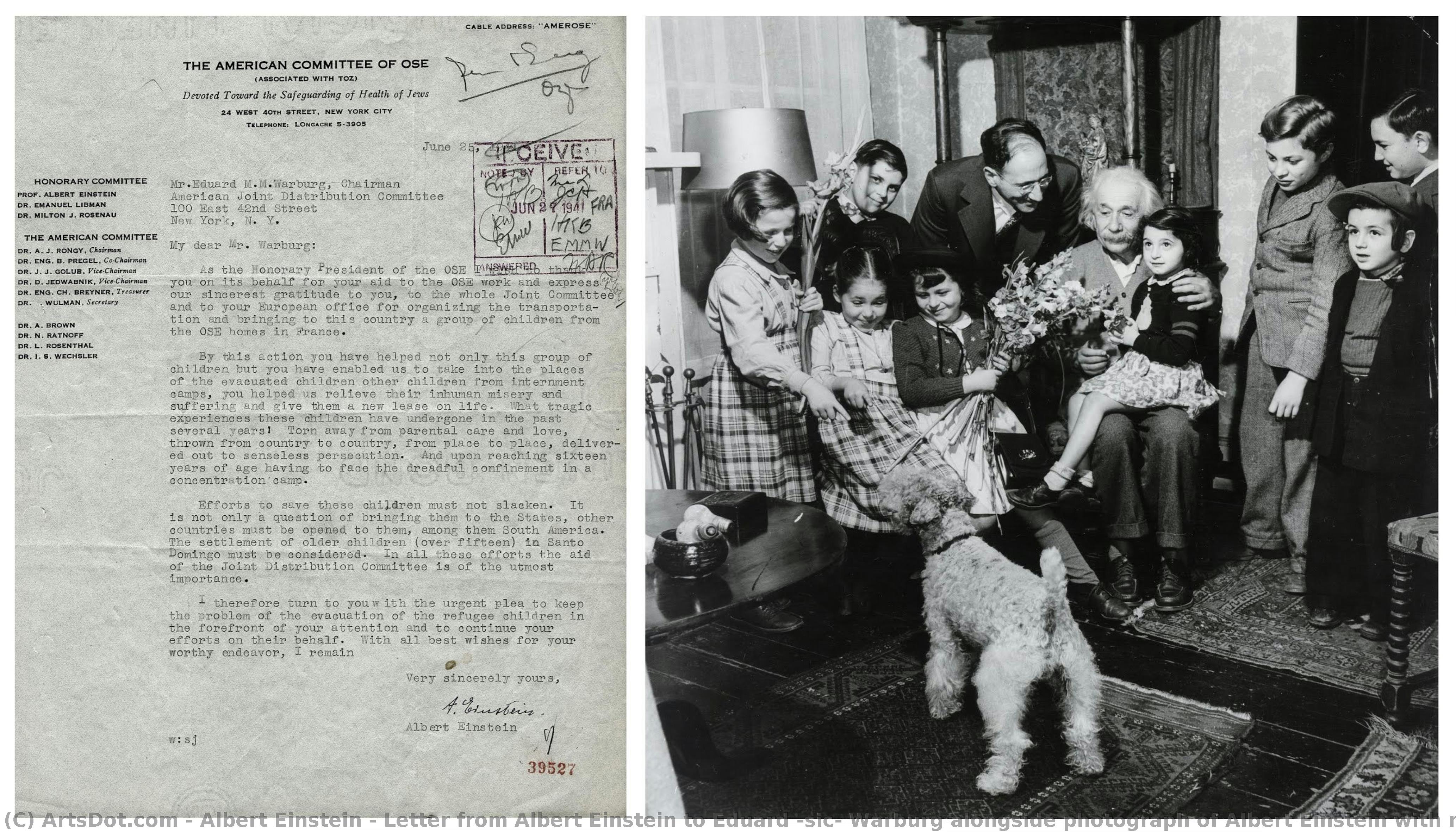 Letter From Albert Einstein To Eduard (sic) Warburg Alongside Photograph Of Albert Einstein With Refugee Children And Jdc Leader William Rosenwald In Princeton, Nj — Albert Einstein