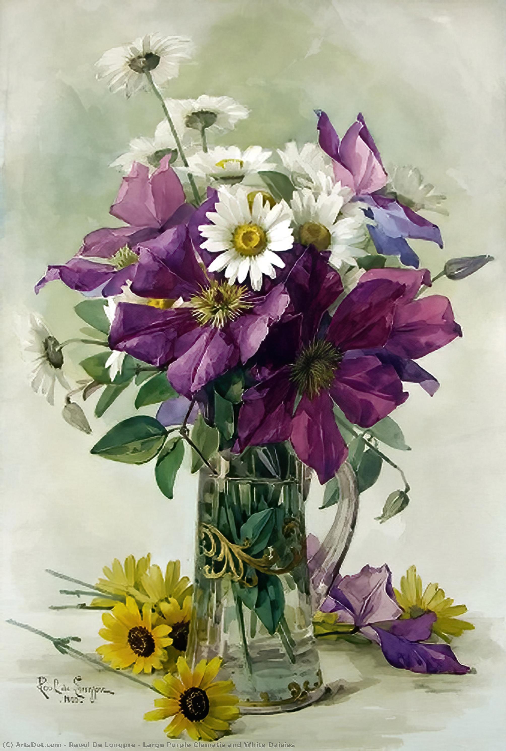 Large Purple Clematis And White Daisies — Raoul De Longpre