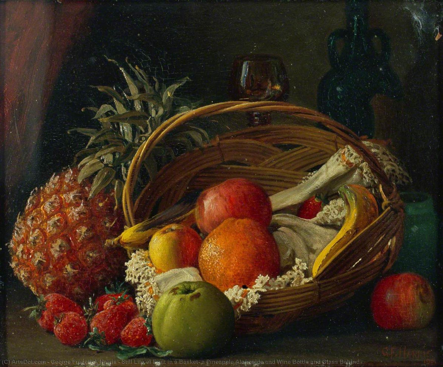 Still Life Of Fruit In A Basket, A Pineapple Alongside And Wine Bottle And Glass Behind — George Frederick Harris