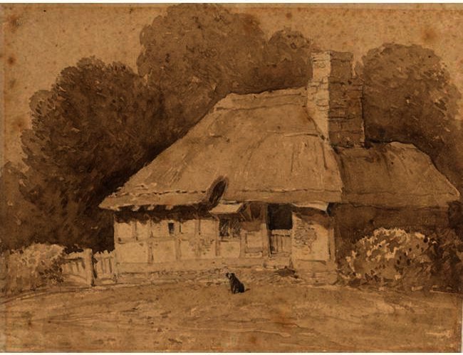A Dog By A Thatched Cottage — David Cox