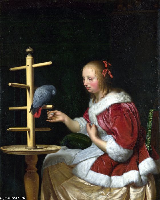 A Woman In A Red Jacket Feeding A Parrot — Frans Van Mieris