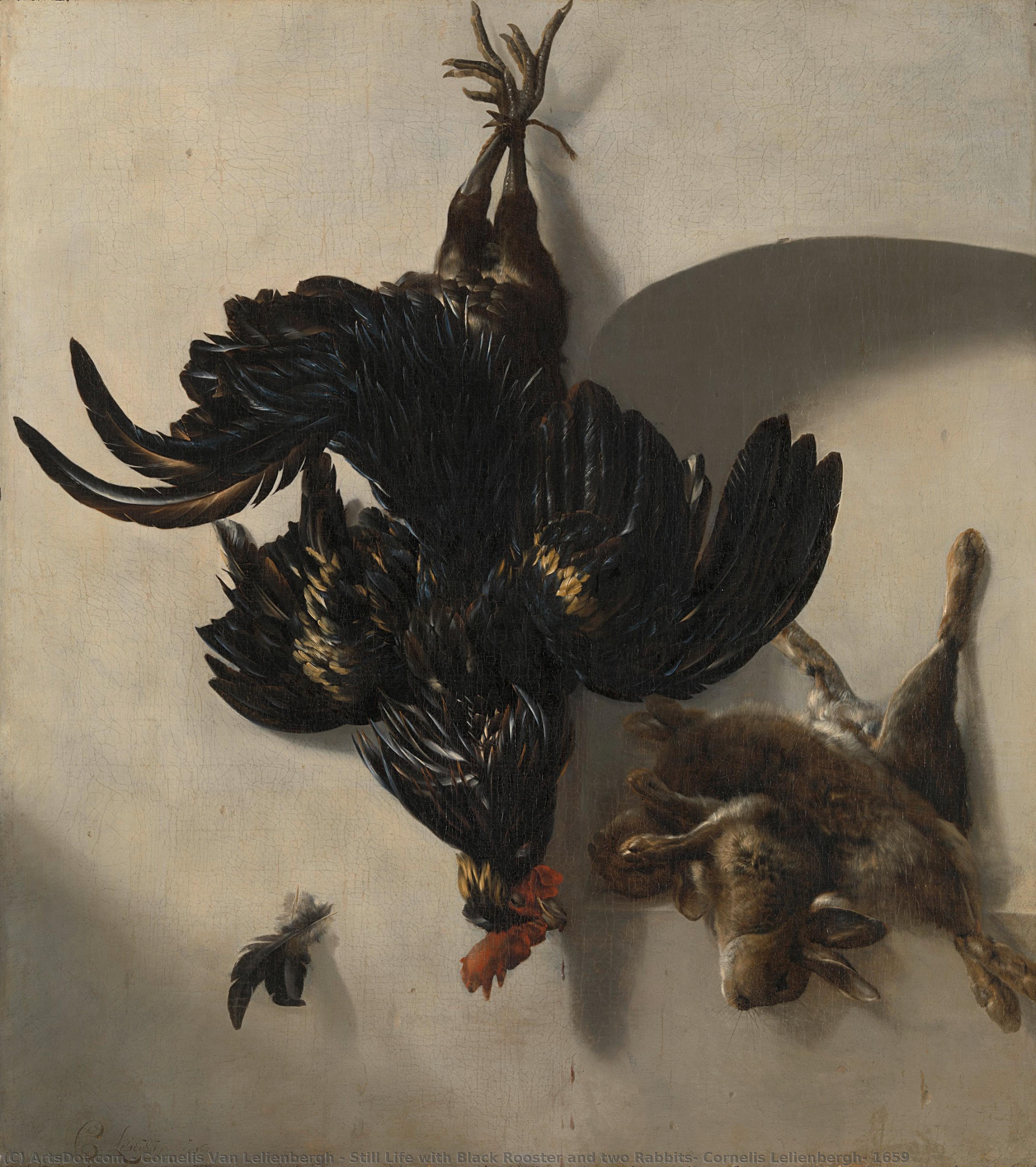 Still Life With Black Rooster And Two Rabbits, Cornelis Lelienbergh, 1659 — Cornelis Van Lelienbergh