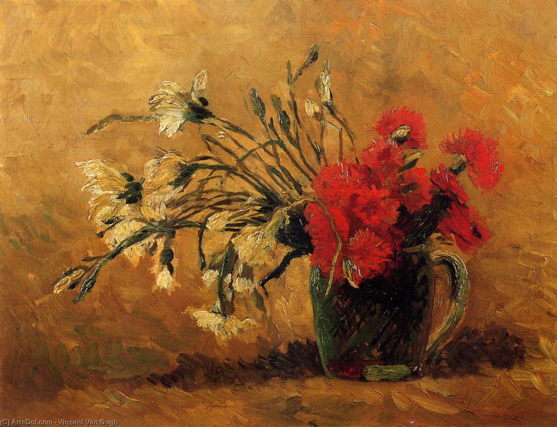 Vase With Red And White Carnations On A Yellow Background — Vincent Willem Van Gogh