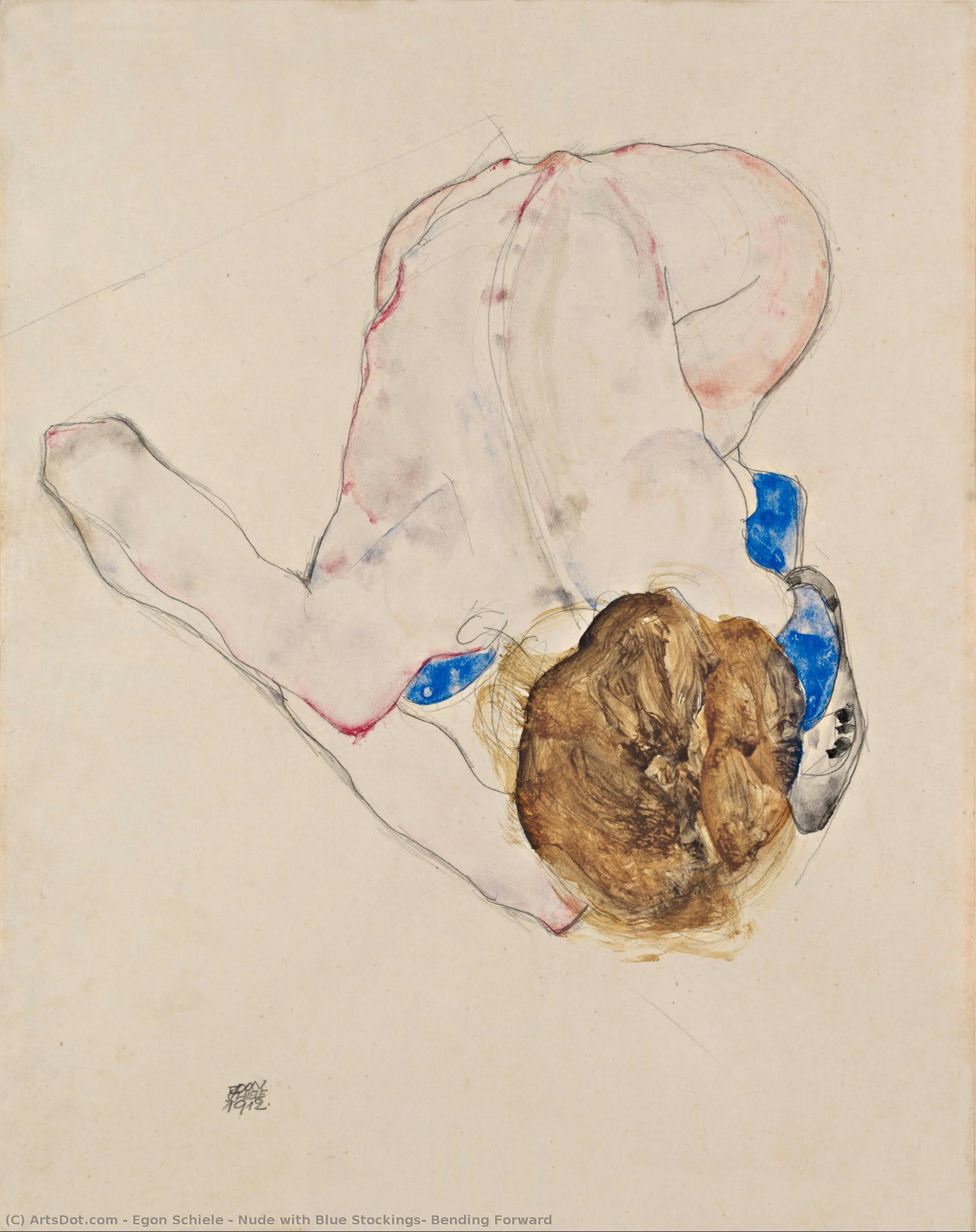 Nude With Blue Stockings, Bending Forward — Egon Schiele