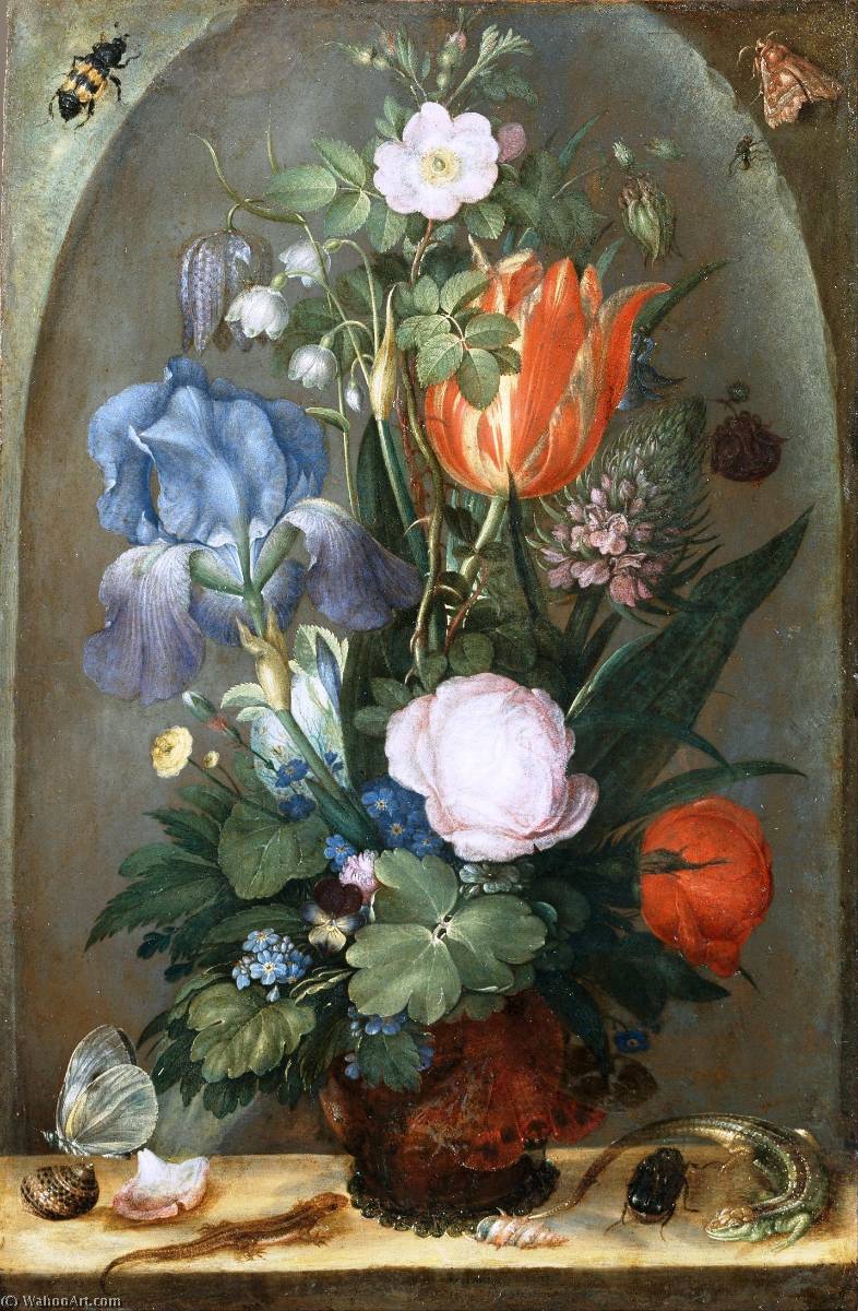 Flower Still Life With Two Lizards — Roelant Savery