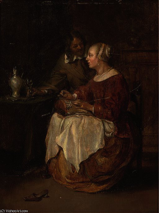 A Lady Sewing With A Gentleman In An Interior — Gabriel Metsu