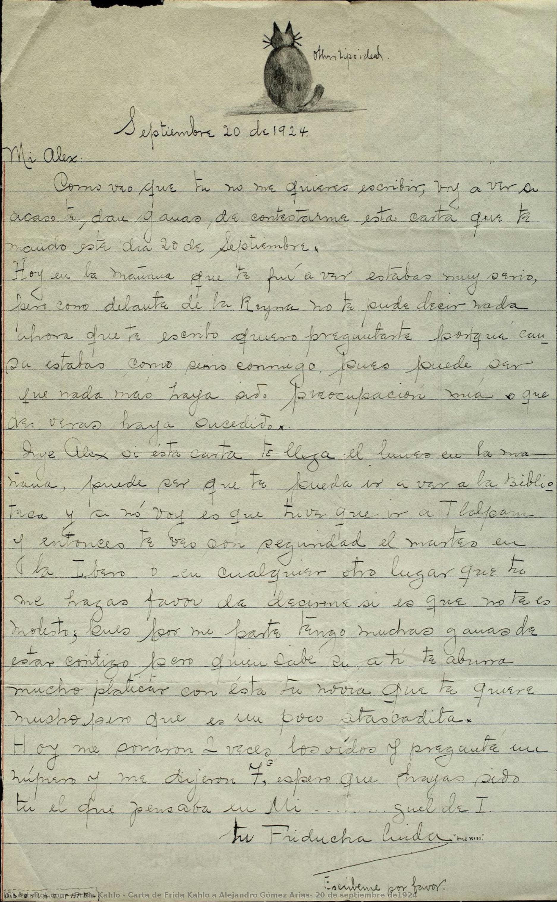 Carta De Frida Kahlo A Alejandro Gómez Arias, 20 De Septiembre De1924 — Frida Kahlo