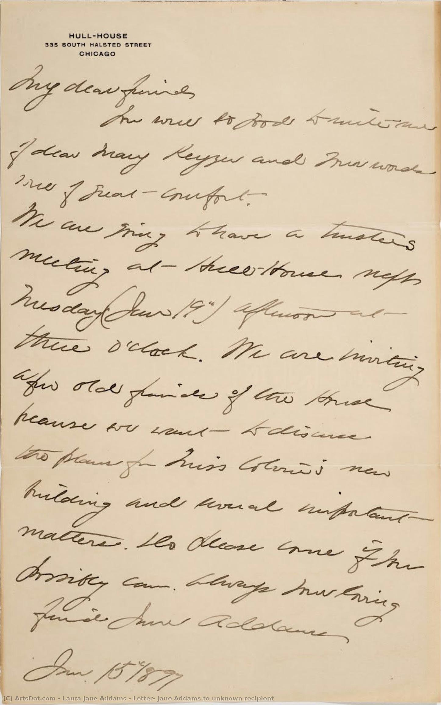 Letter, Jane Addams To Unknown Recipient — Laura Jane Addams