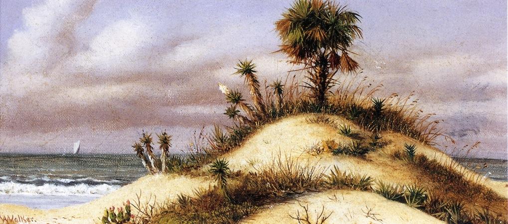 Florida Seascape With Sand Dune, Palm Tree, Yucca, Cactus And Sailboat — William Aiken Walker