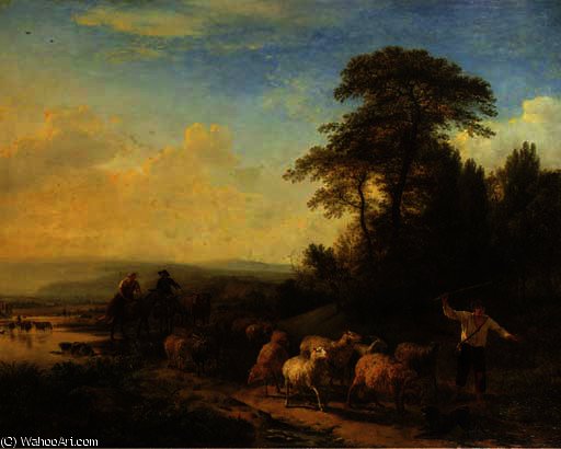 Shepherds Leading Their Flock On A Path In A Mountainous Landscape — Balthasar Paul Ommeganck