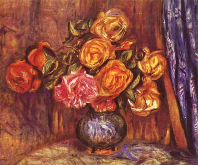 Roses Before The Blue Curtain — Pierre-auguste Renoir