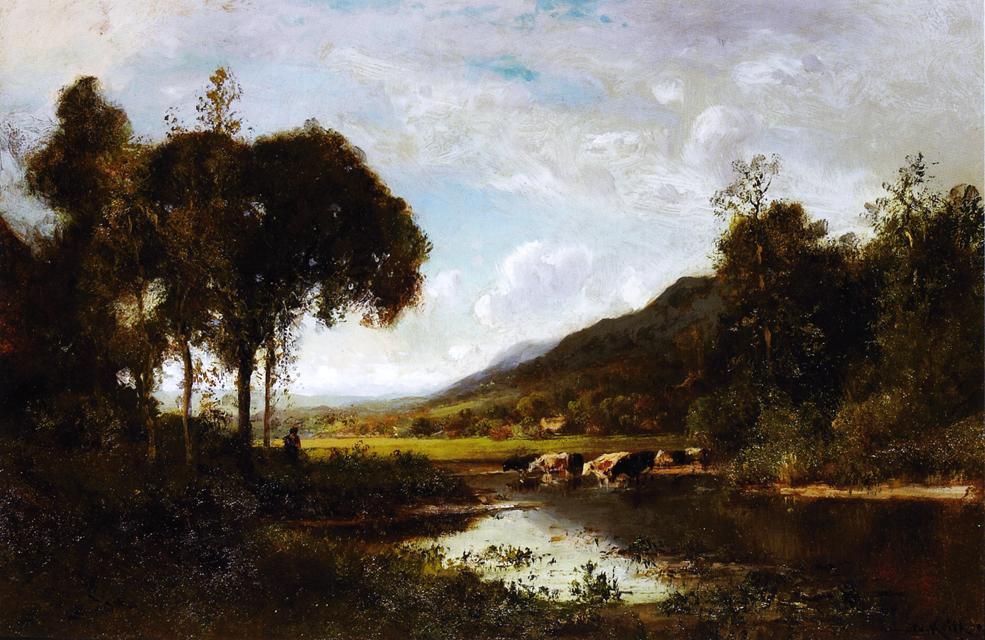 Cattle Watering At A Pond With A Shepherd Nearby — William Keith
