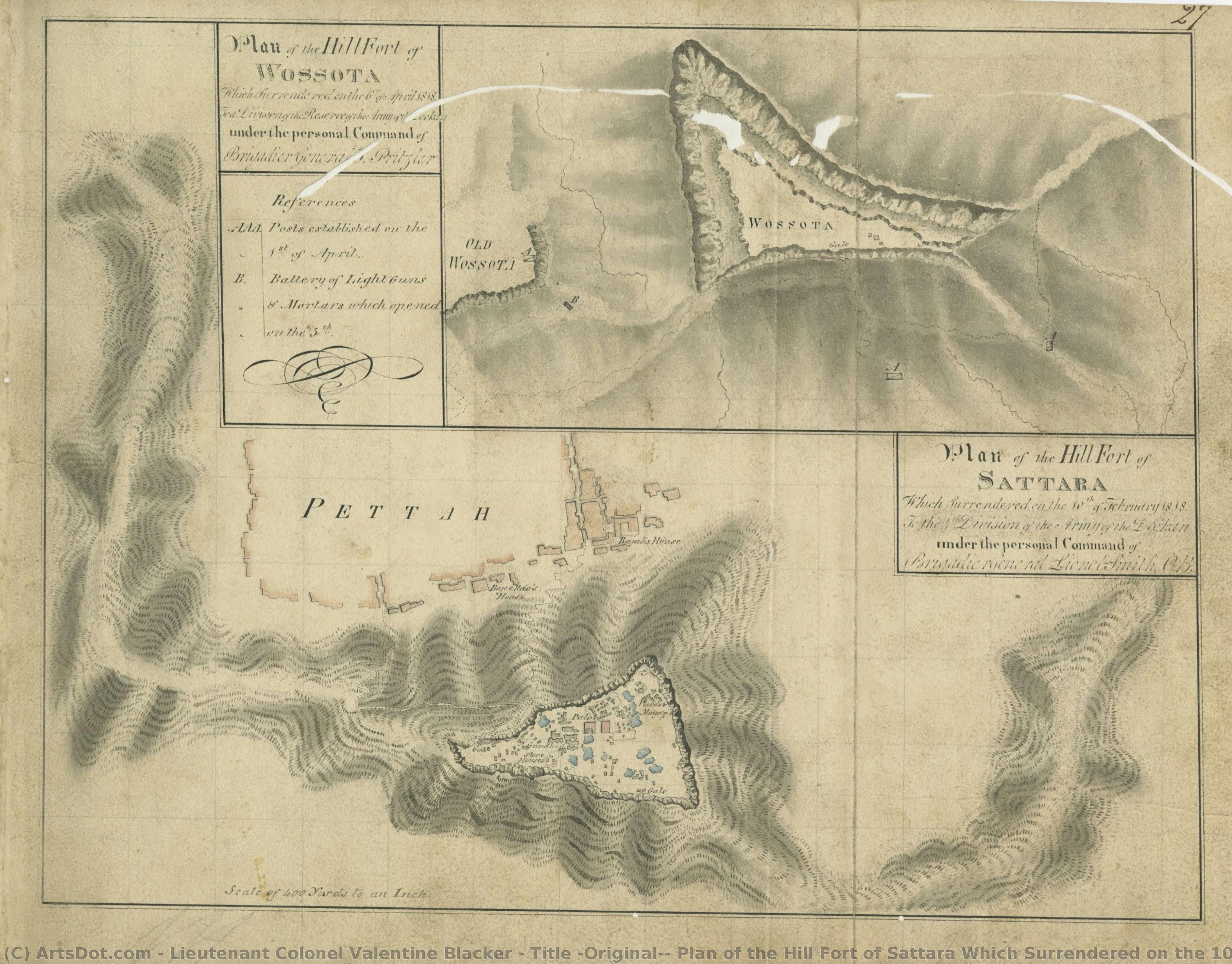 Title (original): Plan Of The Hill Fort Of Sattara Which Surrendered On The 10th Of February 1818 To A Division Of The Reserve Of The Army Of The Deckan Under The Personal Command Of Brigadier General Lionel Smith C.b. / Plan Of The Hill Fort Of Woss.... — Lieutenant Colonel Valentine Blacker