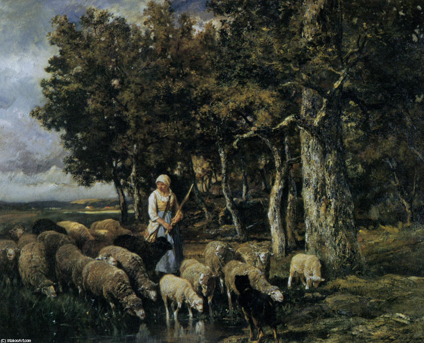 Shepherdess Watering Flock — Charles-émile Jacque