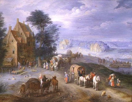 Landscape With Peasants, Carts And A Ferry — Joseph Van Bredael