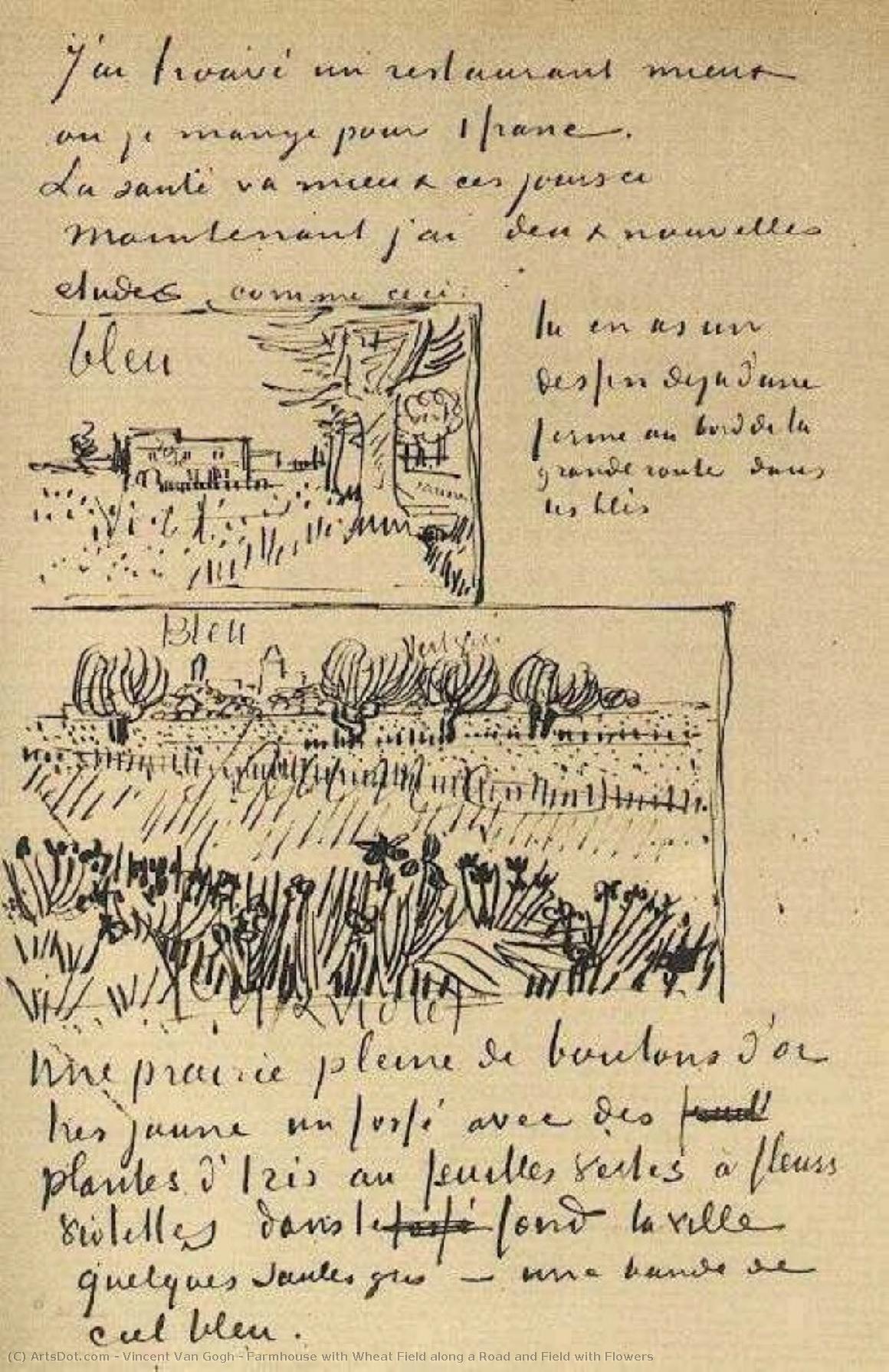 Farmhouse With Wheat Field Along A Road And Field With Flowers — Vincent Willem Van Gogh
