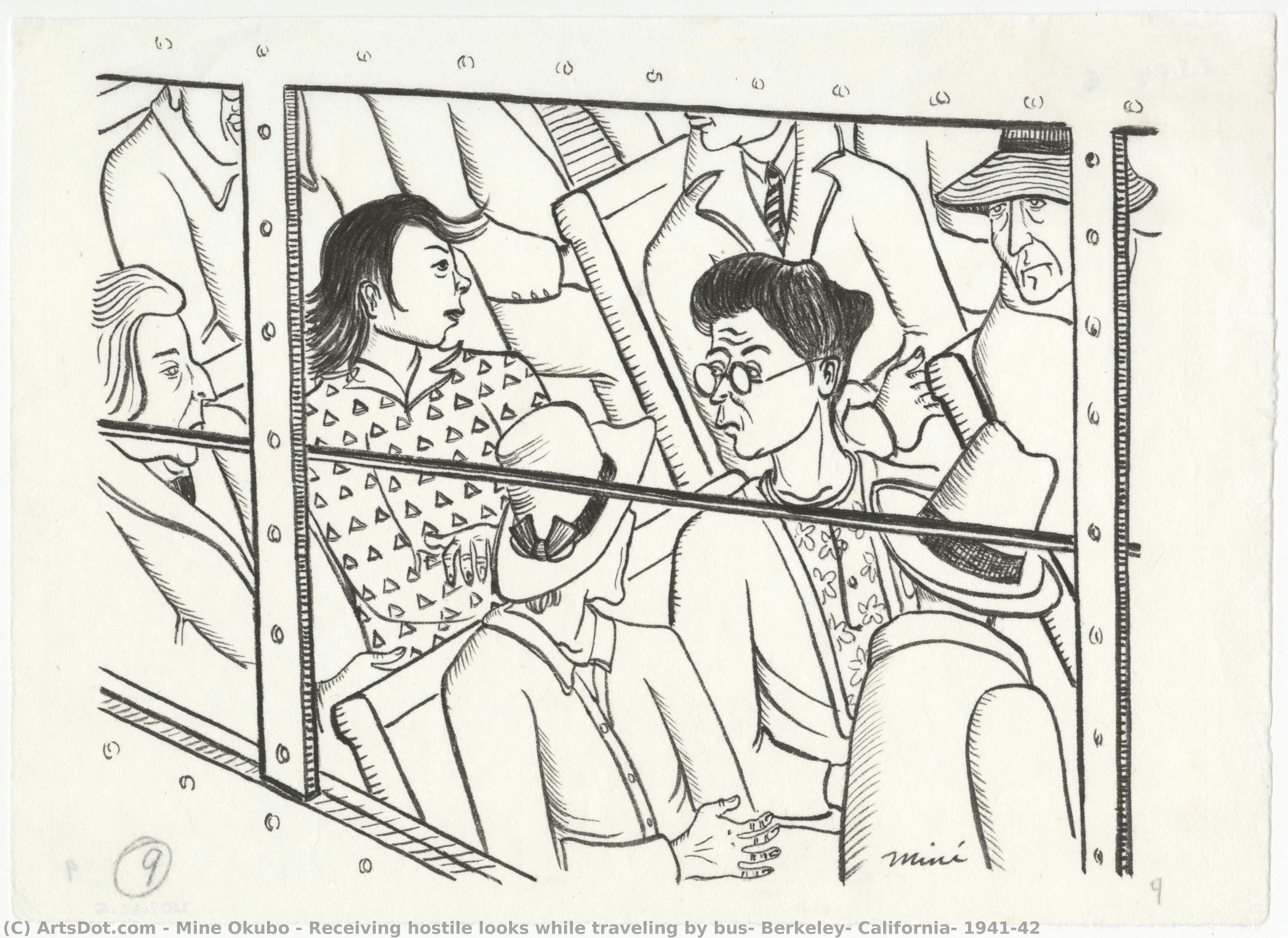 Receiving Hostile Looks While Traveling By Bus, Berkeley, California, 1941-42 — Miné Okubo