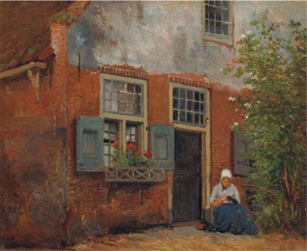 Sewing On The Doorstep — Johannes Hermann Barend Koekkoek