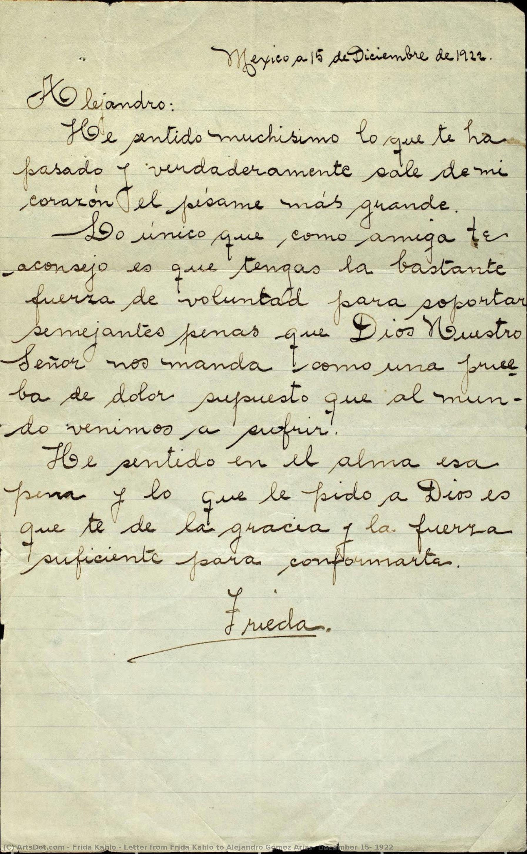 Letter From Frida Kahlo To Alejandro Gómez Arias, December 15, 1922 — Frida Kahlo