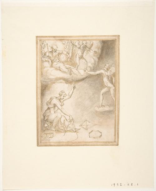 An Allegory. Female Figure With A Compass, God The Father Seated On Clouds, And A Demon — Prospero Fontana