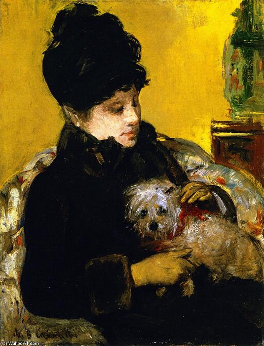 A Visitor In Hat And Coat Holding A Maltese Dog — Mary Stevenson Cassatt