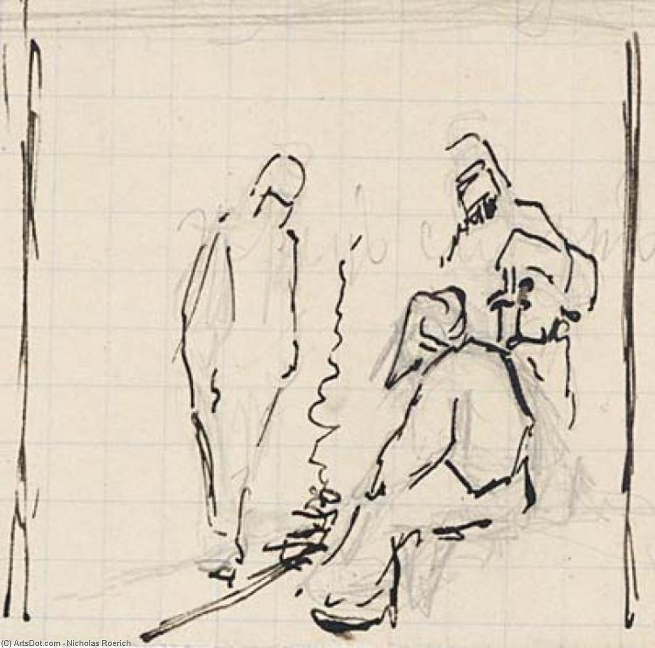Cursory Sketch Of Three Figures By Bonfire — Nicholas Roerich