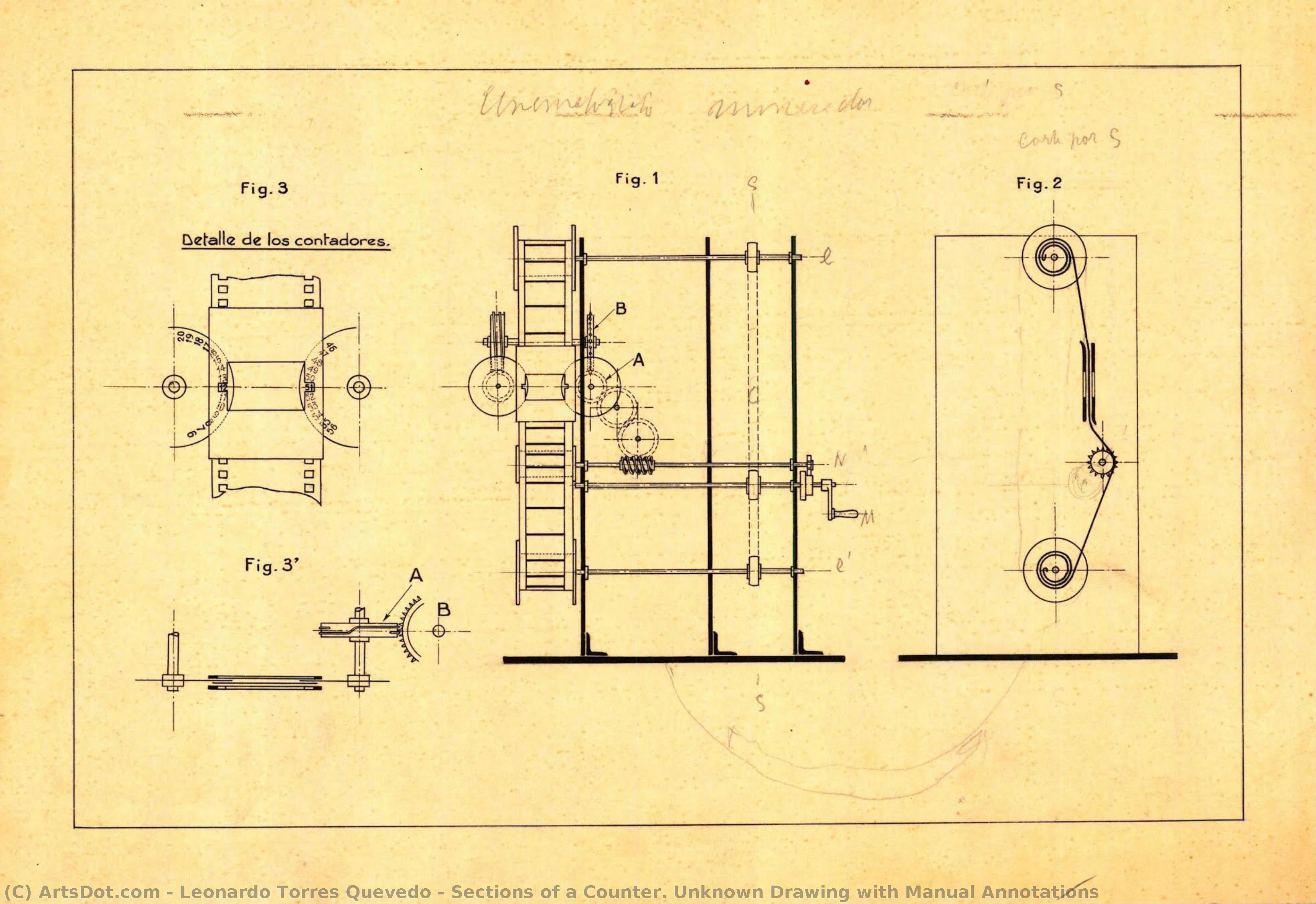Sections Of A Counter. Unknown Drawing With Manual Annotations — Leonardo Torres Quevedo