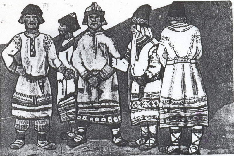 The Scene With Five Figures In Costumes — Nicholas Roerich